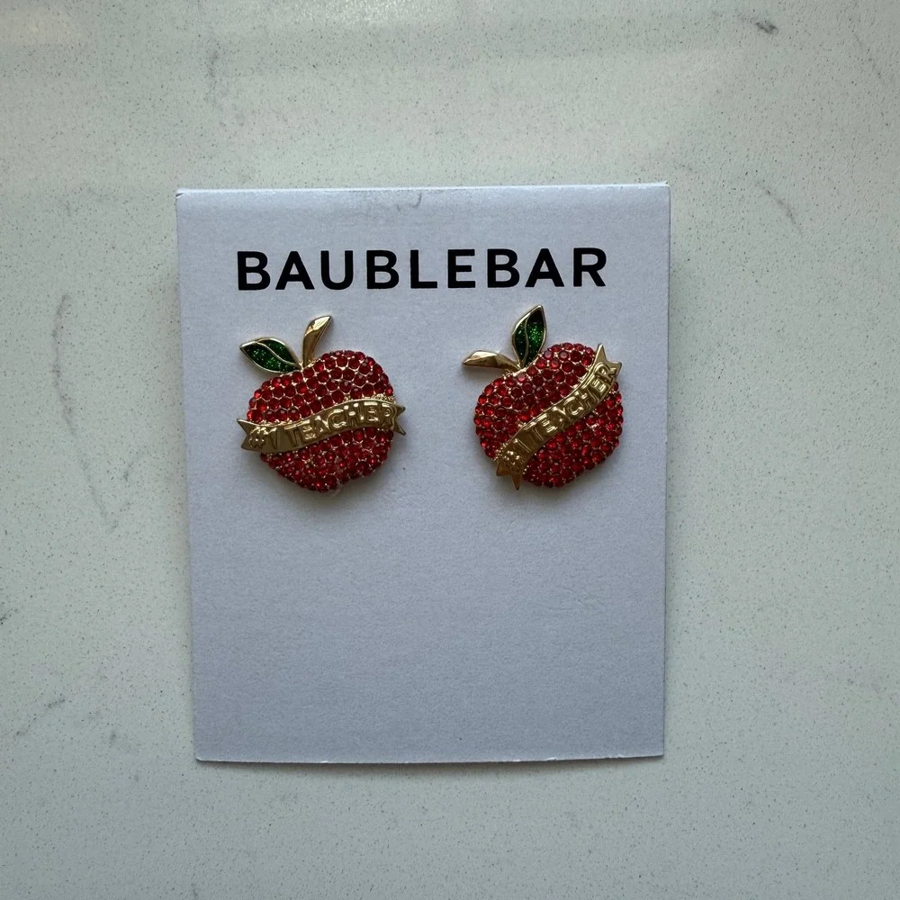 Baublebar Pavé #1 Teacher Apple Stud Earrings -‎ Red/Gold Teacher Gift NWT